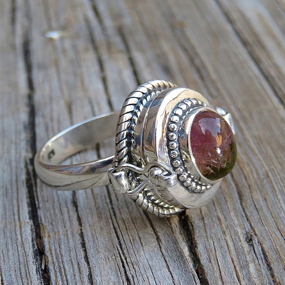 SOLD Sterling Silver Natural Watermelon Tourmaline Poison Ring - Picture 2 of 8